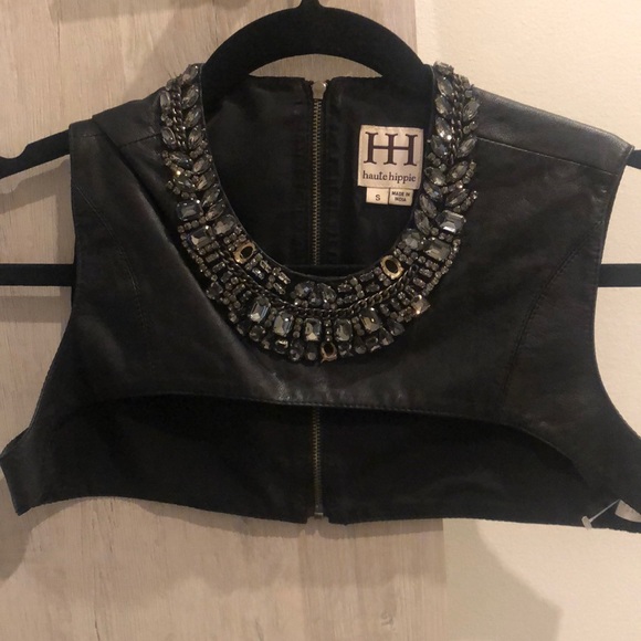 Blacks leather crystal haute hippie cropped top - Picture 1 of 4